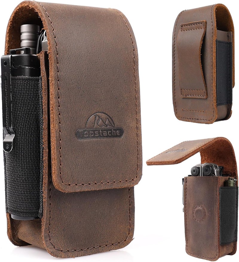 topstache Leather Multitool Sheath for Belt - Multitool Holster for Belt - Multitool Pouch Fits Folding Tool - Magnetic Closure EDC Belt Organizer - EDC Belt Pouch - Multitool Holder, DarkBrown - Image 1